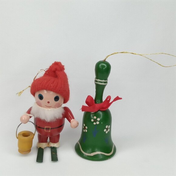 Vintage Christmas Ornament Set Of 2 Wood Bell & Santa On Skis Handpainted 1980s - Picture 3 of 10